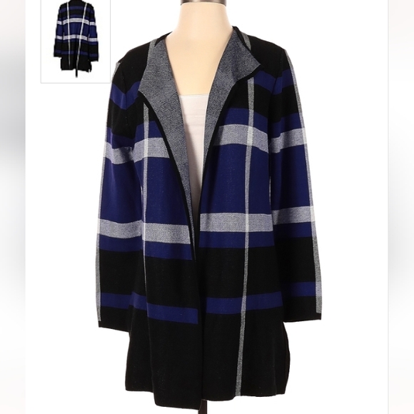 Anne Klein purple window pane side hem slit split open cardigan cotton acrylic S - Picture 2 of 16